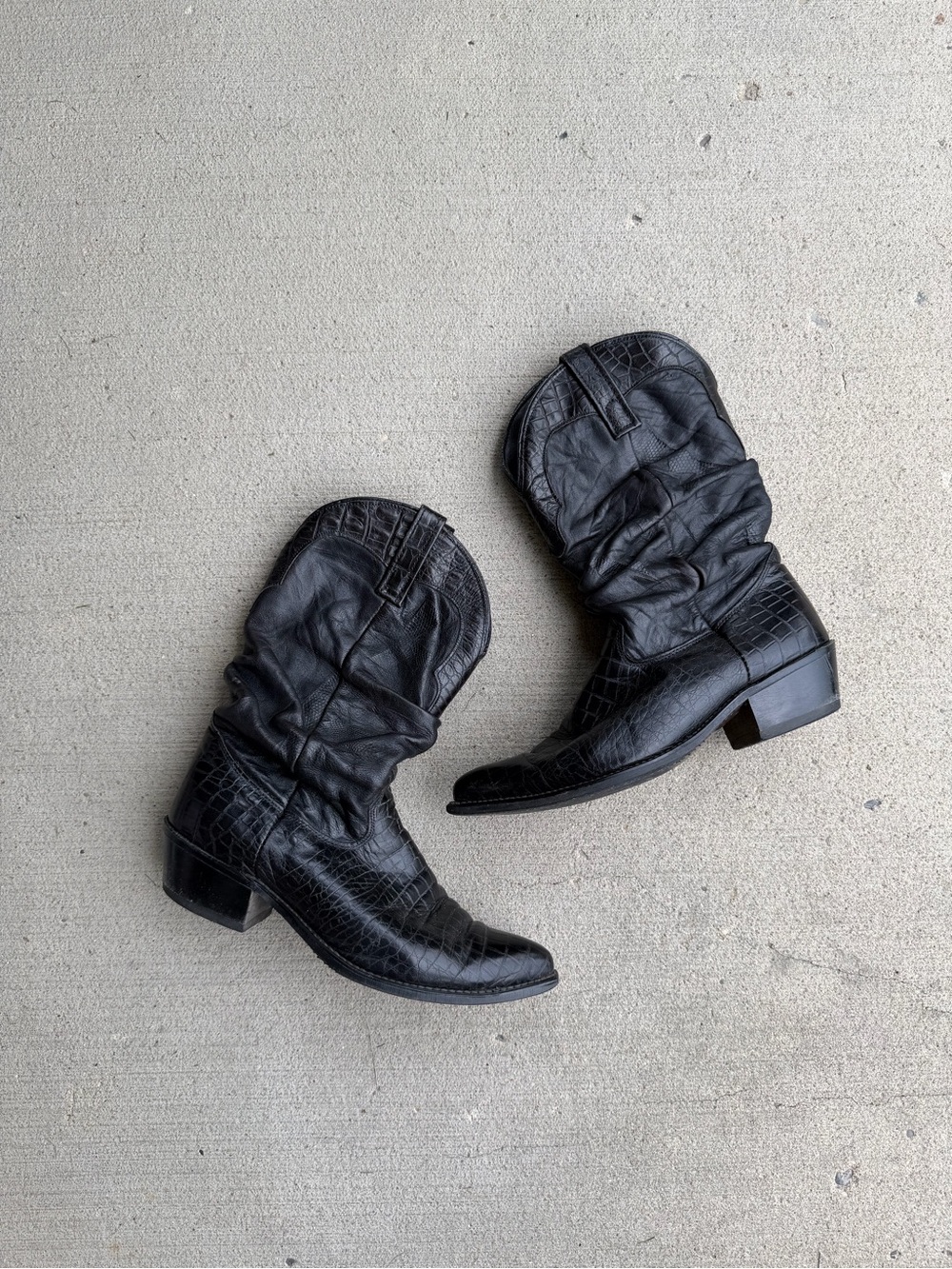 Vintage Dingo Slouch Boots Womens 9 Black Leather Western Cowboy Snakeskin USA